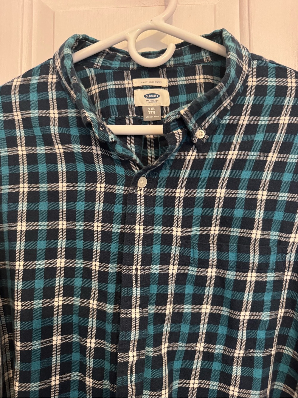Old Navy Men’s Teal and Navy Plaid Button-Down Shirt